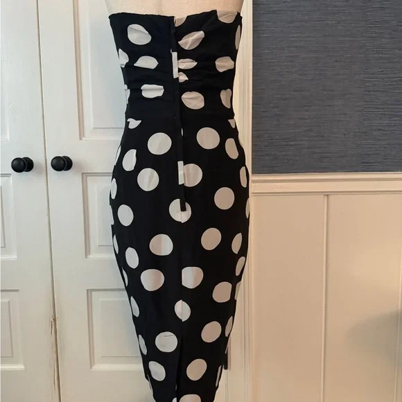 Dolce & Gabbana Black and White Ruched Strapless Bodycon Polkadot Dress - Picture 3 of 6